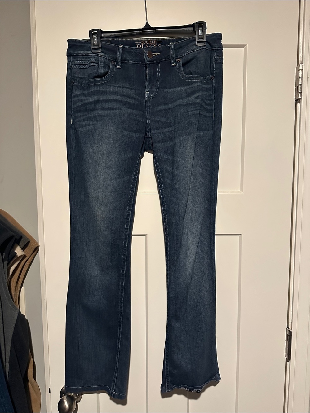 Buckle Black dark wash boot cut blue jeans